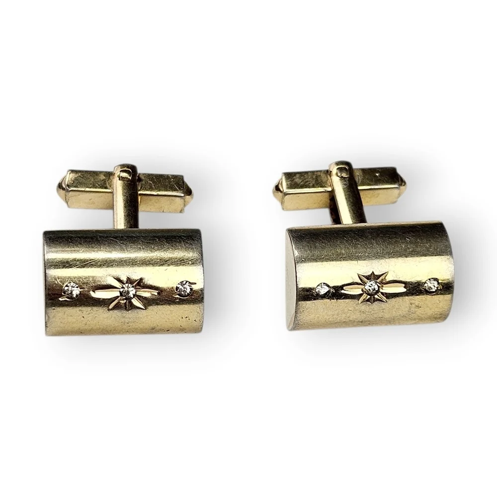 Atomic Starburst Cufflinks Oxford Rhinestone Half Cylinder Gold Plated Vintage